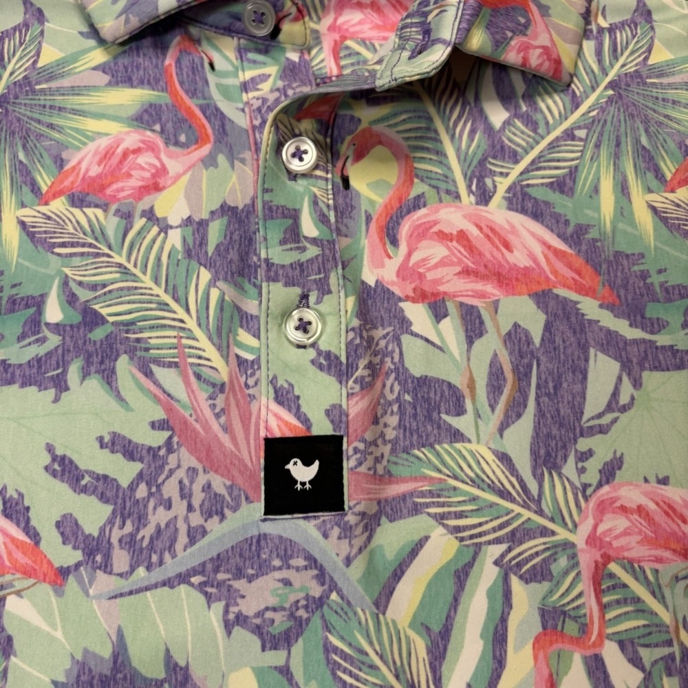 Bad Birdie Performance Polo Shirt Men's XL Flamingo All Over Print Floral Golf - Picture 3 of 11